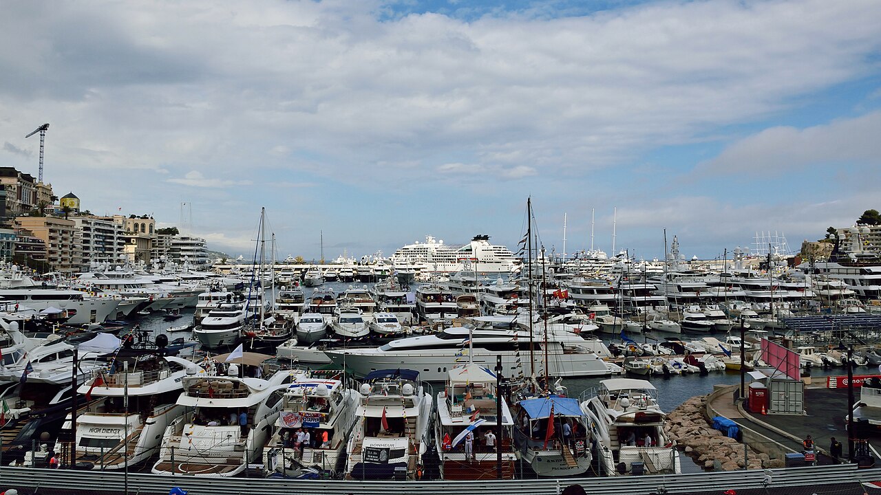 Yachts lining Monaco's Port Hercule on Grand Prix race day